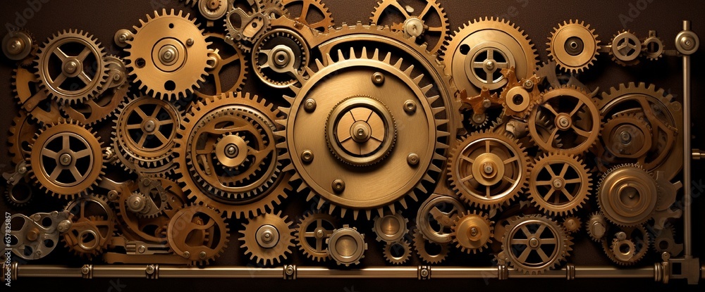 Poster an intricate, steampunk-style gear mechanism with interlocking cogs and gears.