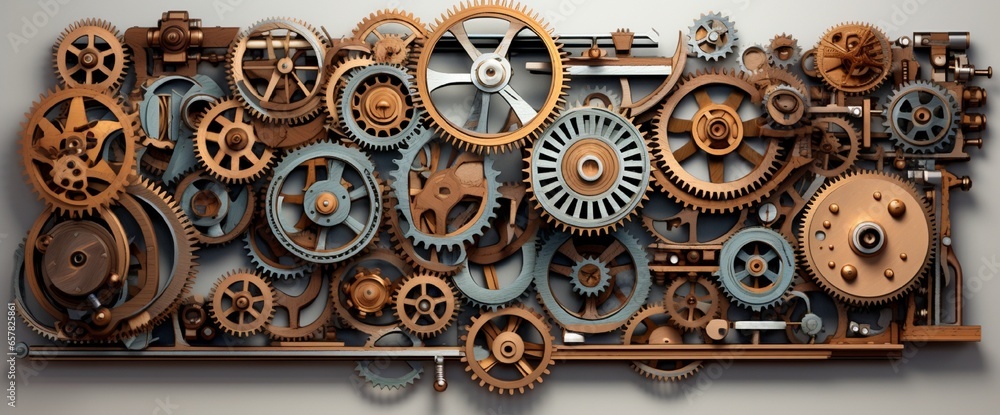 Poster an intricate, steampunk-style gear mechanism with interlocking cogs and gears.