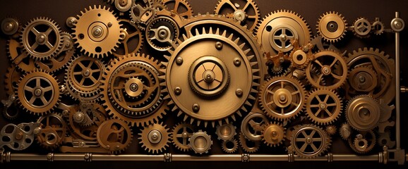 An intricate, steampunk-style gear mechanism with interlocking cogs and gears. - obrazy, fototapety, plakaty