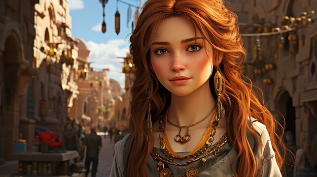 A gorgeous, cute and sad girl with long red hair, freckles, wearing old clothes and jewelry in the middle of the square of the ancient proto city. Close-up, abstract fictional image of AI.