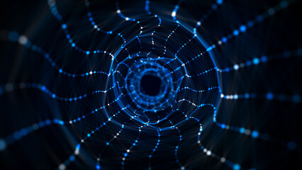 Naklejka premium Abstract circle speed tunnel with blue light on black background. Science background with dots and lines moving in a spiral. Wormhole technology. Digital structure with particles. 3d rendering.