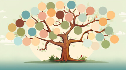 Family tree with empty colored cells, template on a light background