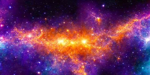 Wolken aus leuchtend bunten Galaxien in der Weite des Universums. Strahlende Sonnen und regenbogen farbenes dramatisches Glühen - obrazy, fototapety, plakaty