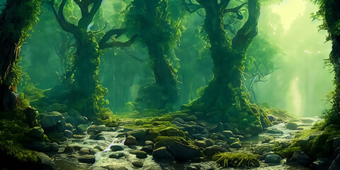 Morgenstimmung und Stille in einem düster magischen alten Wald mit großen knorrigen Bäumen und einem leisen kleinen Bach, der über Steine fließt