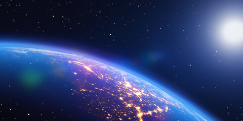 Hintergrund. Leuchtender Erdeball bei Nacht von oben aus dem Weltall. Die Atmosphäre blau schimmernd und die Städte gelb glühend vor einem unendlich weiten Universum mit der strahlenden Sonne am Rand