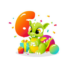 Fototapeta premium Happy 6th sixth Birthday template with little cute cartoon dragon holding balloon as number six. Colorful children illustration. Vector design for kids. Transparent background.