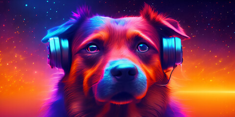 Portrait eines joggenden Hundes, der Ohrhörer trägt und Musik hört vor einem bunt leuchtenden Universum aus Sternen und Galaxien - obrazy, fototapety, plakaty