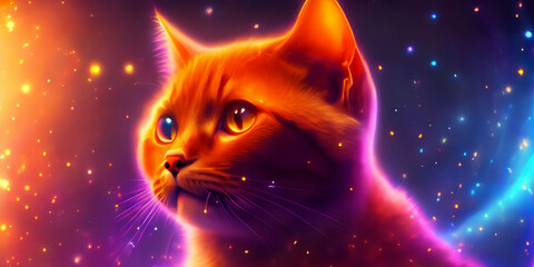 Portrait einer Hauskatze mit orange rot glühendem Fell vor einem bunt leuchtenden Universum aus Sternen und Galaxien in der Nacht