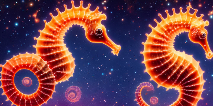 Zwei Seepferdchen orange rot gl&uuml;hend schwimmen vor einem Hintergrund aus einem bunt leuchtenden Universum aus Sternen und Galaxien. 