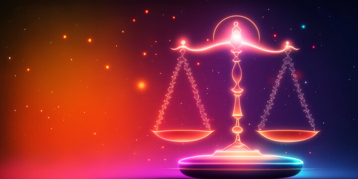 Sternzeichen, tierkreiszeichen, astrologie, horoskop und Vorhersage. Symbol einer gl&uuml;henden Waage vor einem Universum aus Sternen und Galaxien. Als Zeichen des Ausgleichs und der Gerechtigkeit.