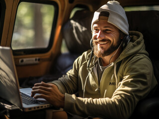 man using laptop in a camper - obrazy, fototapety, plakaty