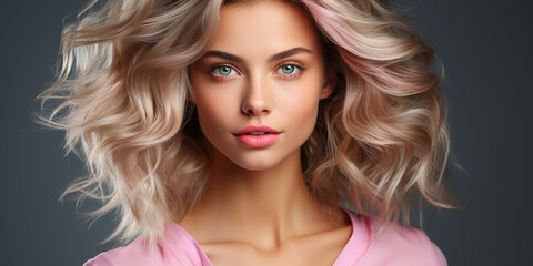 Naklejka premium Hübsche Model Frau mit gefärbten und gelockten Haar und schönen Makeup im Querformat für Banner Nahaufnahme, ai generativ