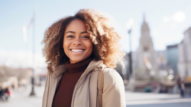 Smiling Adult Black Woman with Blond Straight Hair Photo. Portrait of Casual Person in City Street. Photorealistic Ai Generated Horizontal Illustration..