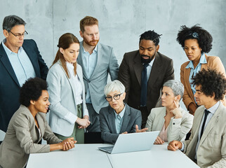 young business people meeting office teamwork group success corporate senior mature colleague laptop computer together diversity