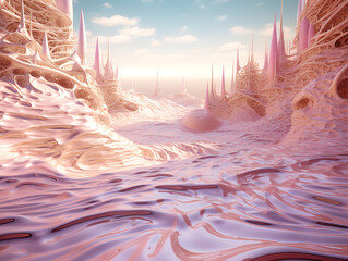 Fashionable background. Abstract illustration of fantasy desert pink sand landscape created with Generative AI technology