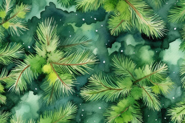 Naklejka na ściany i meble Watercolor Christmas with fir branches background. Generative AI