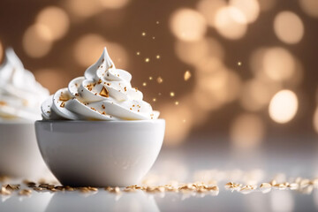 Fototapeta na wymiar Whipped cream. Meringue swirls in a white bowl. 3d rendering
