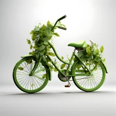 Fotobehang Fiets Green bicycle covered in leaves and plants. A green energy and climate change awareness concept. Generative ai. 