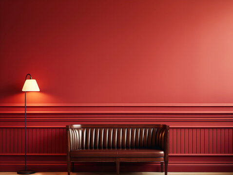 Vibrant red walls with installed chair rail, decorated with molding, leather sofa, floor lamp, living space