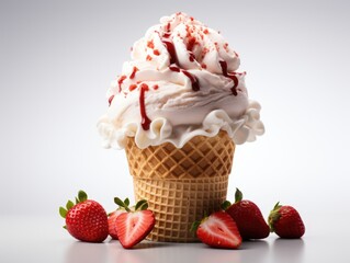 Strawberry ice cream in waffle cup with strawberries on pink background