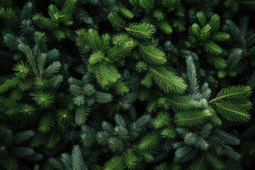 Christmas fir tree branches Background. Christmas pine tree wallpaper. Copy space. Generative AI