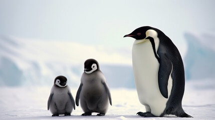 Family of Emperor Penguins on Snowy Antarctic Landscape