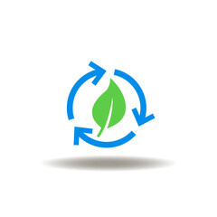 Vector illustration of round recycle arrows and green leaf. Icon of eco tech. Symbol of ecological technological.