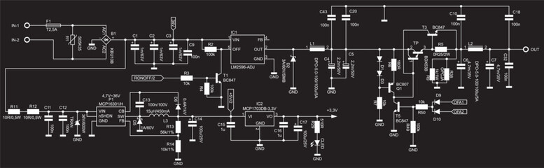 Schematic diagram of electronic device. 
Vector drawing electrical circuit with 
 resistor, transistor, diode, coil, 
led, power unit, integrated circuit.