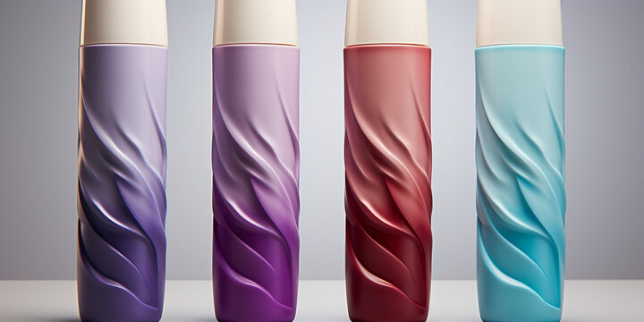 Verschiedene Haarschampoo Verpackung im edlen Design als Werbefoto im Querformat, ai generativ