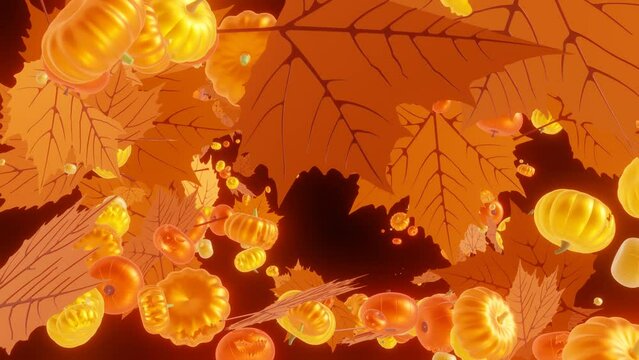 Pumpkins and leaves on a black background. Seamless cyclic animated 4K background of halloween pumpkins and orange leaves. 4K seamless looping videos
