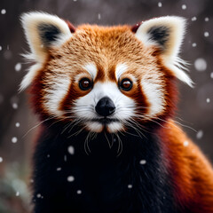 Obraz premium A cute Red Panda with snow falling around it. Generative ai. 