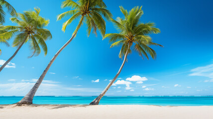 Fototapeta na wymiar Coconut palm trees against blue sky and beautiful beac. AI Generative.