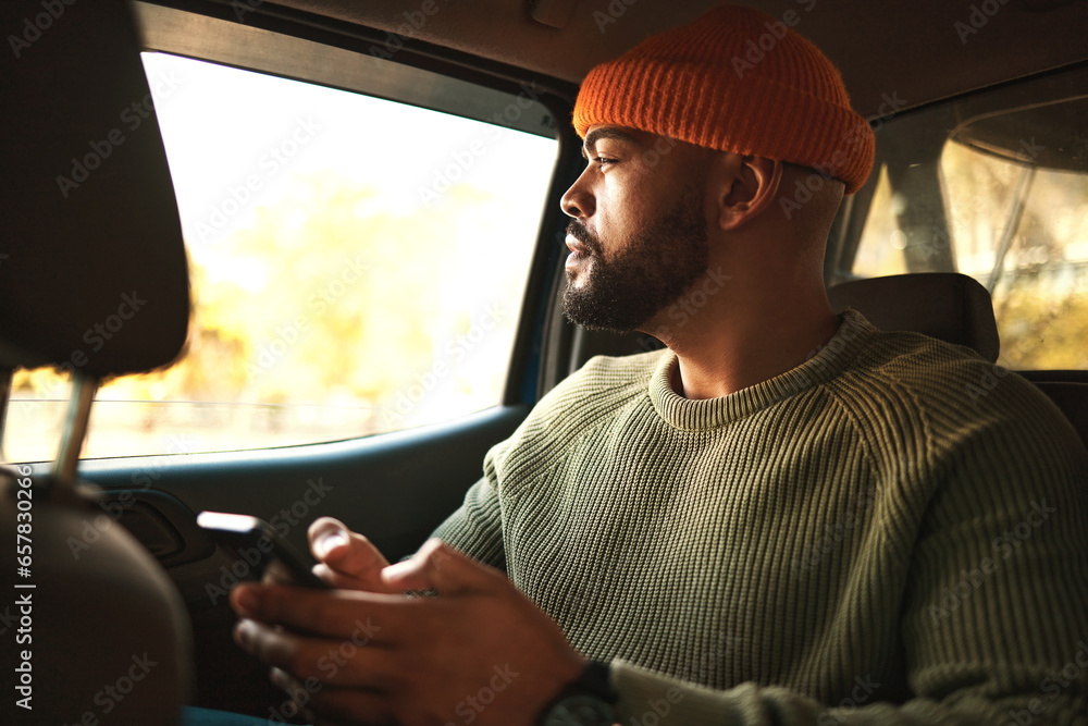 Poster man, smartphone in car and communication, travel and transportation, navigation app and social media