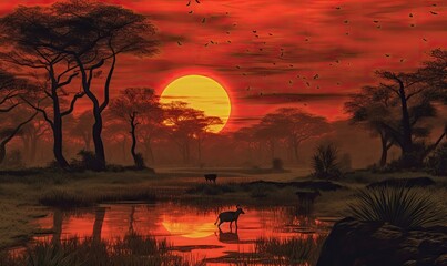 red sunset in the savannah - obrazy, fototapety, plakaty