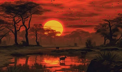 Fotobehang red sunset in the savannah © jambulart