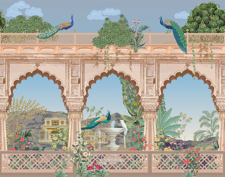Beautiful Mughal arch, palace, peacocks, parrot,  garden, mountain illustration for wallpaper.