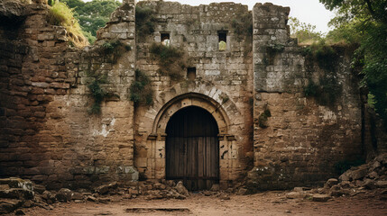 Fototapeta na wymiar A medieval-style castle gate with a massive, weathered keyhole, telling tales of bygone eras