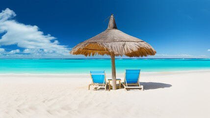 Beach chairs with umbrella and beautiful sand beach. AI Generative.