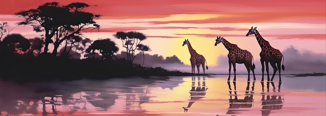 landscape of giraffe silhouettes at sunset