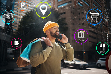 Man, phone call and city or icons hologram, shopping bag and e commerce, travel algorithm for...