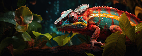 Chameleon showcasing its incredible color-changing ability against a vibrant tropical backdrop