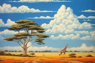 a young giraffe is walking along the African savannah.
