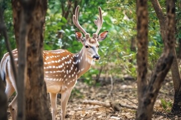 Naklejka na ściany i meble Chital or cheetal, Axis axis, spotted deers or axis deer in nature habitat. Bellow majestic powerful adult animals.