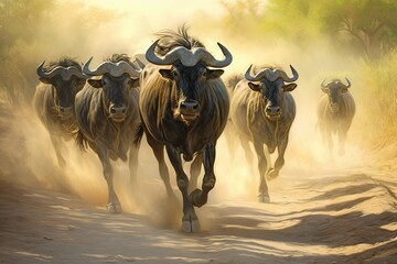 Wildebeests running through the savannah.