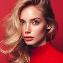 Portrait of a woman sensual American model, blonde hair and blue eyes, clothes and background in red