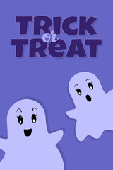 Trick Or Treat Vector Poster. Cute Halloween Ghosts on Blue Background. Greeting Card in Flat Cartoon style