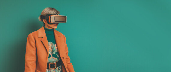 AI woman. Nanner for design with copy space. Retro woman wears vr glasses on vintage green background. AI generation