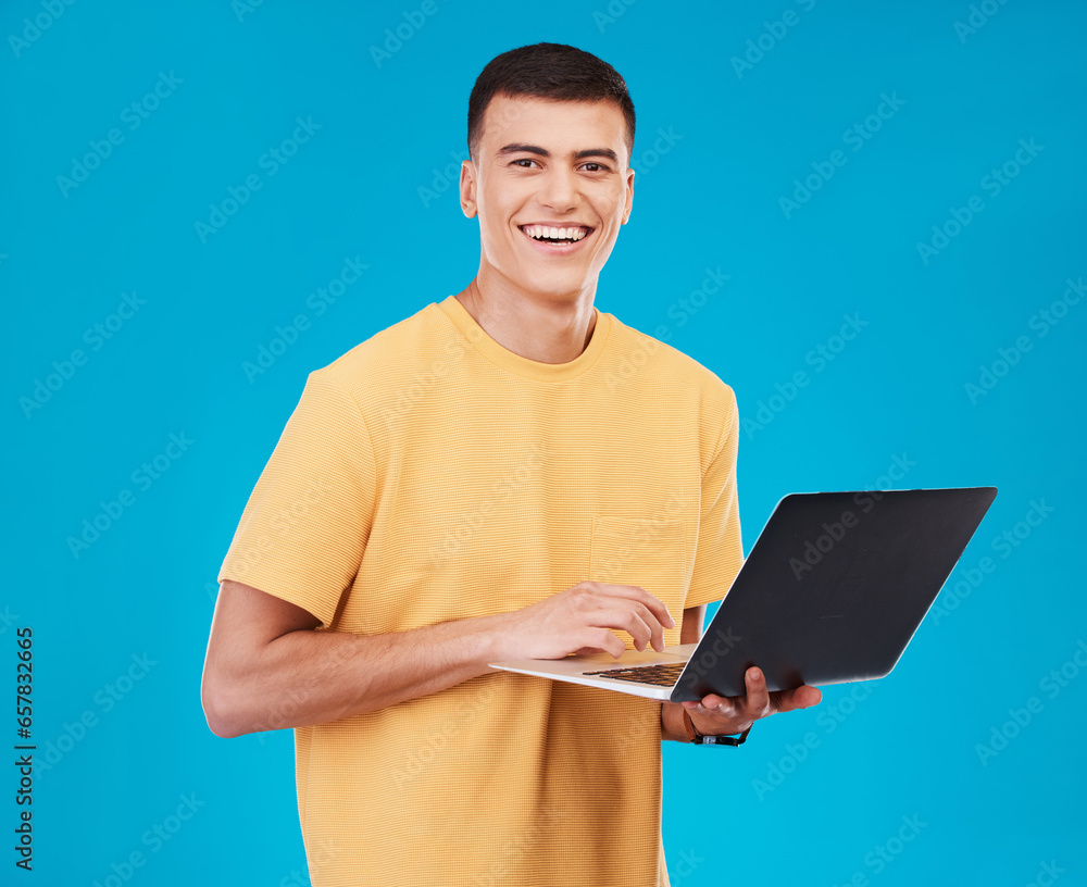 Poster portrait, happy man or student with laptop in studio on blue background with mockup for e learning. 