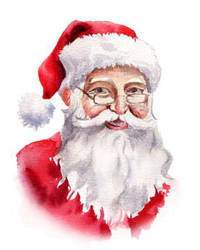 Santa Clause portrait. Christmas hand painted watercolor illustration. PNG on transparent background