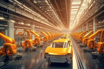 Car factory, automated robot arm assembly line manufacturing high-tech green energy electric vehicles. Generative Ai